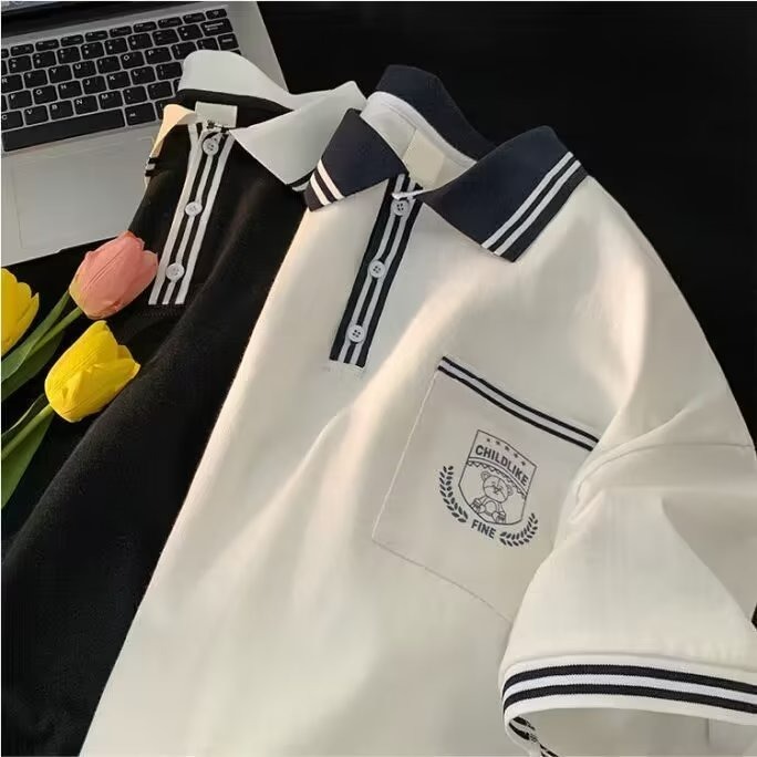 『癮品流行』夏季男韓版上衣 學院風POLO衫 T恤 寬鬆休閒 五分袖 男女同款 M-3XL-細節圖4