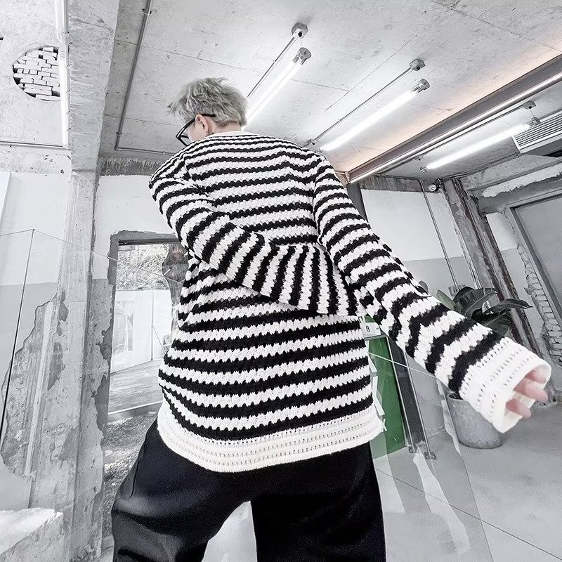 『癮品流行』秋冬季韓版長袖 圓領針織衫 設計感 寬鬆毛衣 條紋撞色毛衣 男女同款 S-3XL-細節圖5
