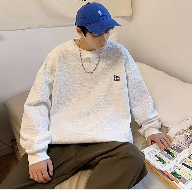 『癮品流行』春秋薄款 韓版華夫格針織衫 男生圓領毛衣 長袖T恤 休閒百搭 寬鬆上衣 M-3XL-細節圖3