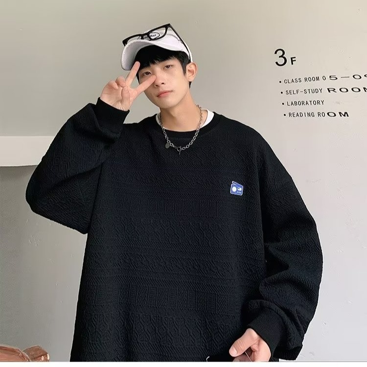 『癮品流行』春秋薄款 韓版華夫格針織衫 男生圓領毛衣 長袖T恤 休閒百搭 寬鬆上衣 M-3XL-細節圖5