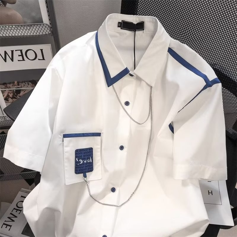 『癮品流行』法式復古鏈條短袖襯衣 襯衫上衣 五分袖 夏季薄款 大碼寬鬆 休閒百搭 M-3XL-細節圖3