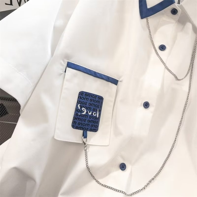 『癮品流行』法式復古鏈條短袖襯衣 襯衫上衣 五分袖 夏季薄款 大碼寬鬆 休閒百搭 M-3XL-細節圖4