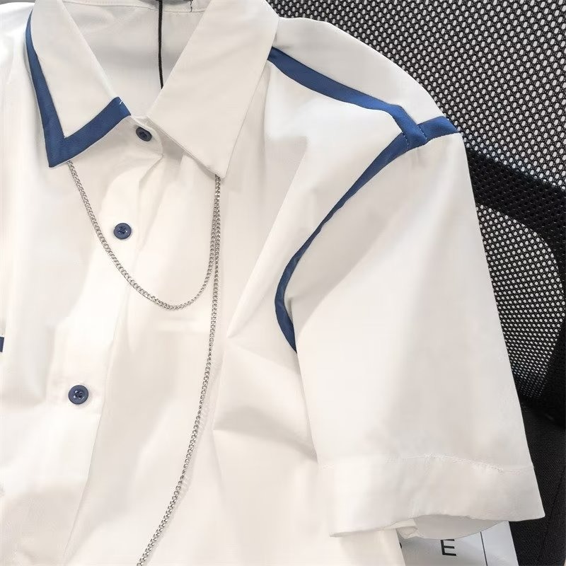 『癮品流行』法式復古鏈條短袖襯衣 襯衫上衣 五分袖 夏季薄款 大碼寬鬆 休閒百搭 M-3XL-細節圖5