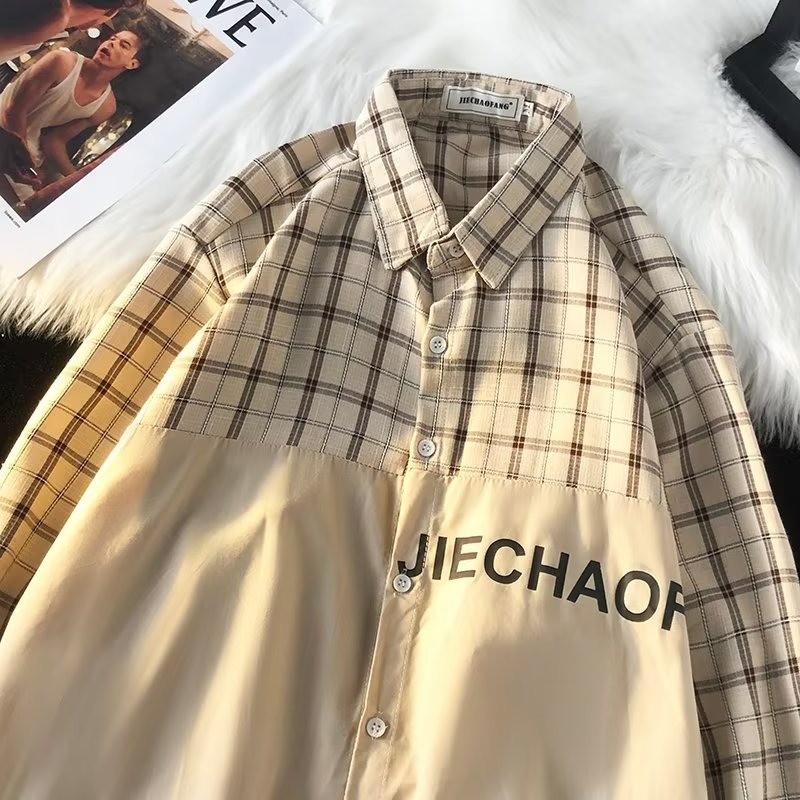 『癮品流行』春秋季日系格子襯衫 韓版襯衣 休閒百搭 寬鬆 外套襯衫 純色簡約 上衣 M-2XL-細節圖3