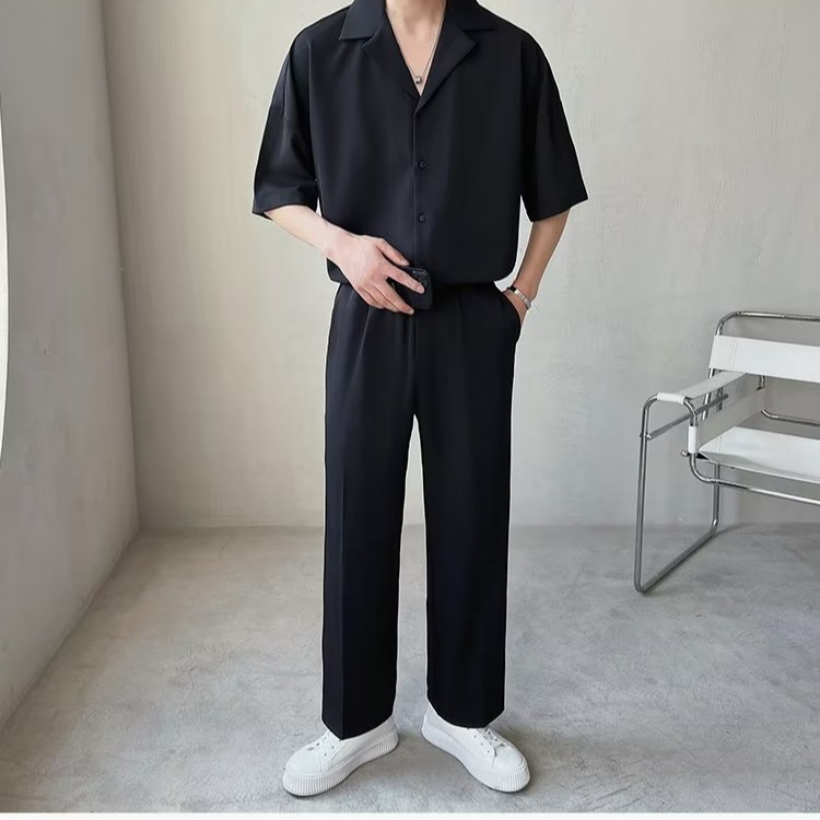 『癮品流行』黑色襯衫 男襯衫上衣 夏季薄款 冰絲透氣 五分袖 純色簡約 休閒百搭 S-2XL-細節圖4