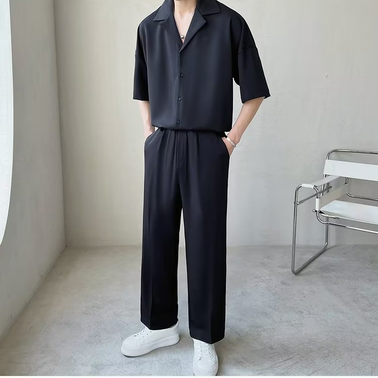 『癮品流行』黑色襯衫 男襯衫上衣 夏季薄款 冰絲透氣 五分袖 純色簡約 休閒百搭 S-2XL-細節圖5