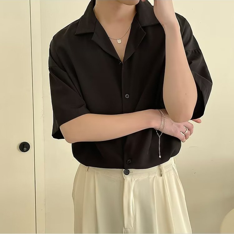 『癮品流行』夏季薄款襯衫 男襯衫上衣 冰絲透氣 五分袖 休閒百搭 寬鬆 純色簡約 S-2XL-細節圖3