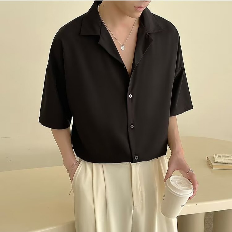 『癮品流行』夏季薄款襯衫 男襯衫上衣 冰絲透氣 五分袖 休閒百搭 寬鬆 純色簡約 S-2XL-細節圖4