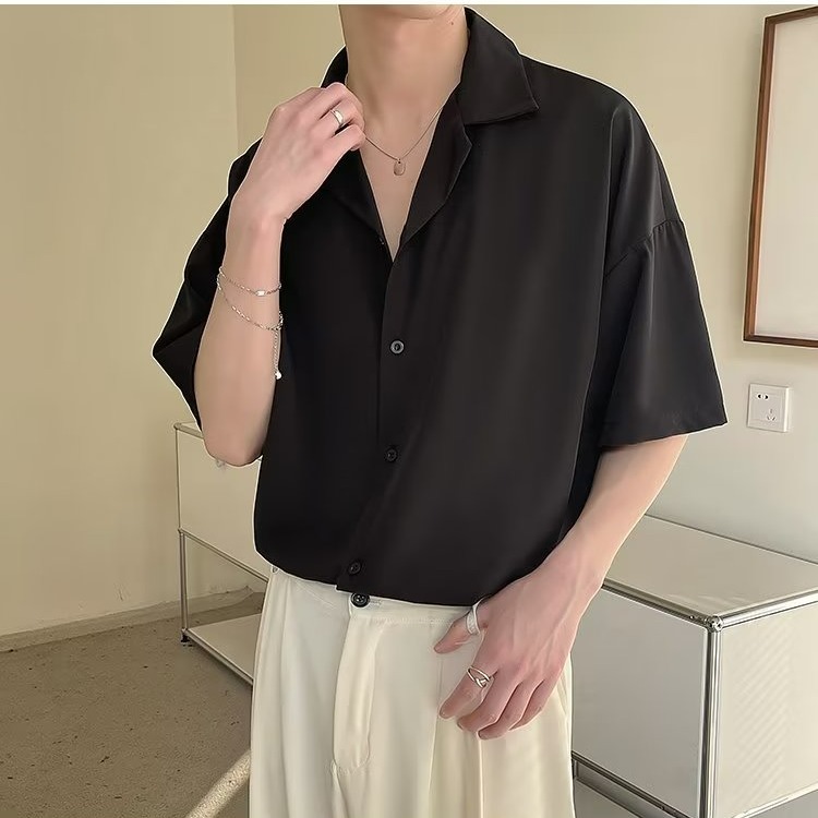 『癮品流行』夏季薄款襯衫 男襯衫上衣 冰絲透氣 五分袖 休閒百搭 寬鬆 純色簡約 S-2XL-細節圖5
