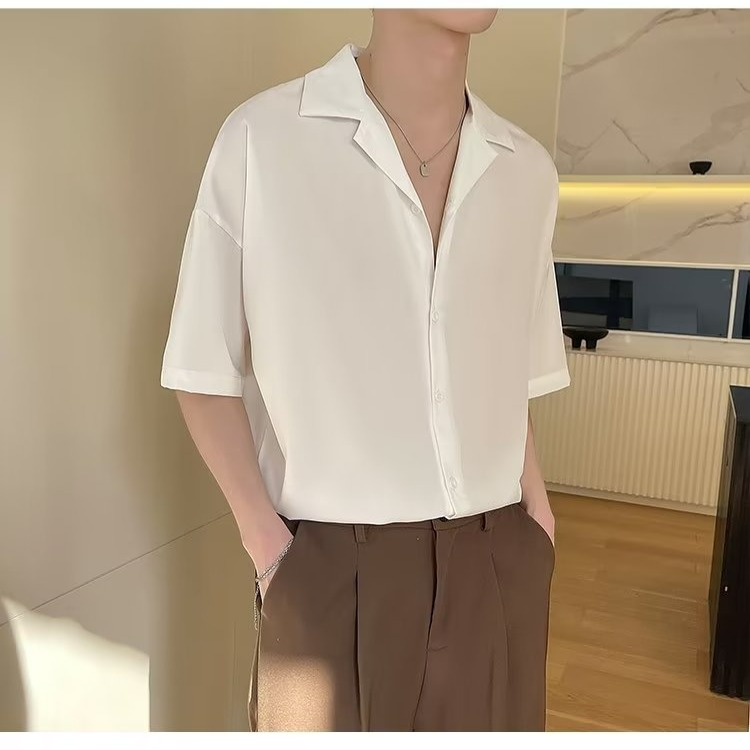 『癮品流行』夏季薄款襯衫 男襯衫上衣 冰絲透氣 五分袖 休閒百搭 寬鬆 純色簡約 S-2XL-細節圖7