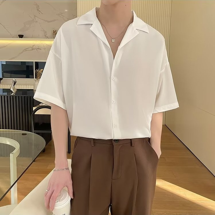 『癮品流行』夏季薄款襯衫 男襯衫上衣 冰絲透氣 五分袖 休閒百搭 寬鬆 純色簡約 S-2XL-細節圖8