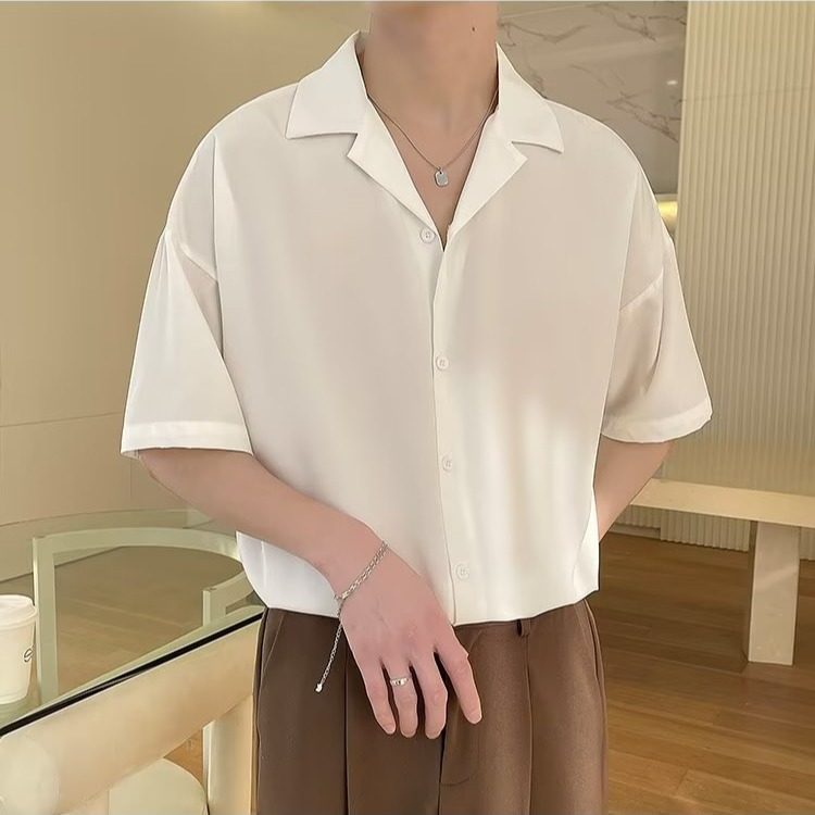 『癮品流行』夏季薄款襯衫 男襯衫上衣 冰絲透氣 五分袖 休閒百搭 寬鬆 純色簡約 S-2XL-細節圖9