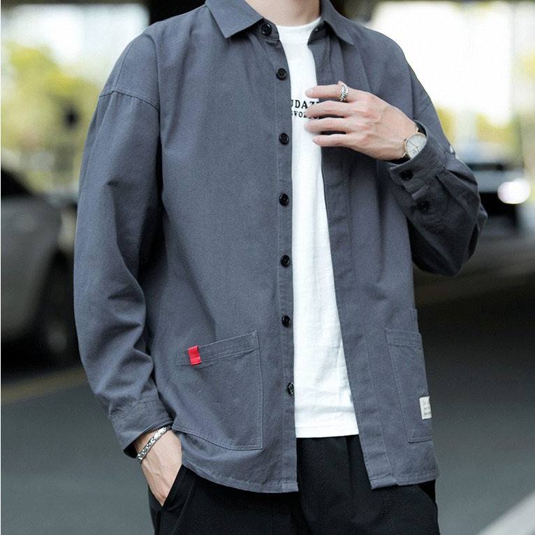 『癮品流行』春秋季長袖襯衫 男襯衣上衣 日系工裝外套 痞帥修身 休閒百搭 五色可選 M-3XL-細節圖4
