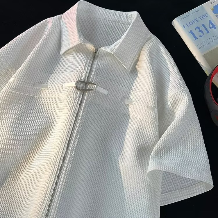 『癮品流行』夏季薄款 雙拉鏈短袖襯衫 設計感華夫格襯衫 痞帥 寬鬆休閒 純色簡約 M-3XL-細節圖3