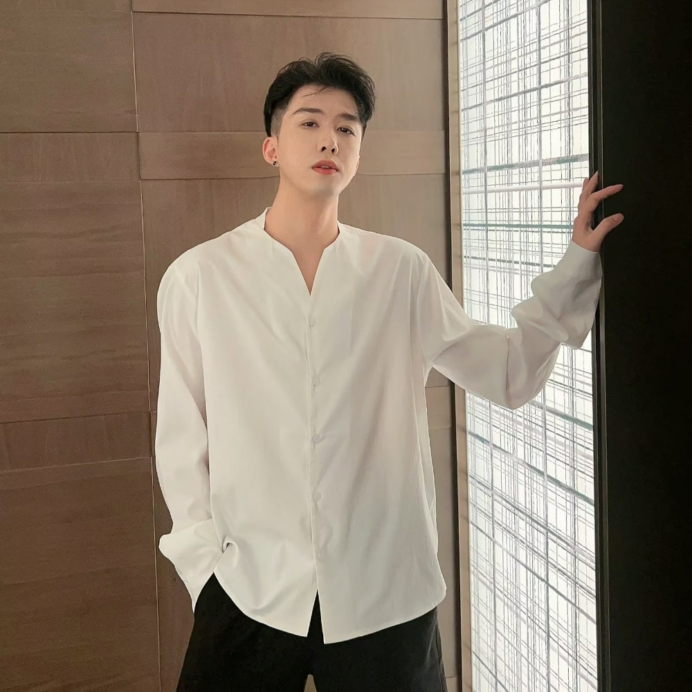 『癮品流行』夏季薄款 韓版無領襯衫男長袖上衣 襯衣 設計感 簡約純色 休閒百搭 大碼寬鬆 M-3XL-細節圖3