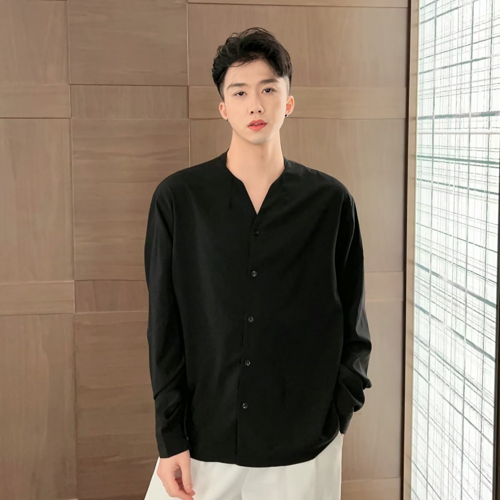 『癮品流行』夏季薄款 韓版無領襯衫男長袖上衣 襯衣 設計感 簡約純色 休閒百搭 大碼寬鬆 M-3XL-細節圖4