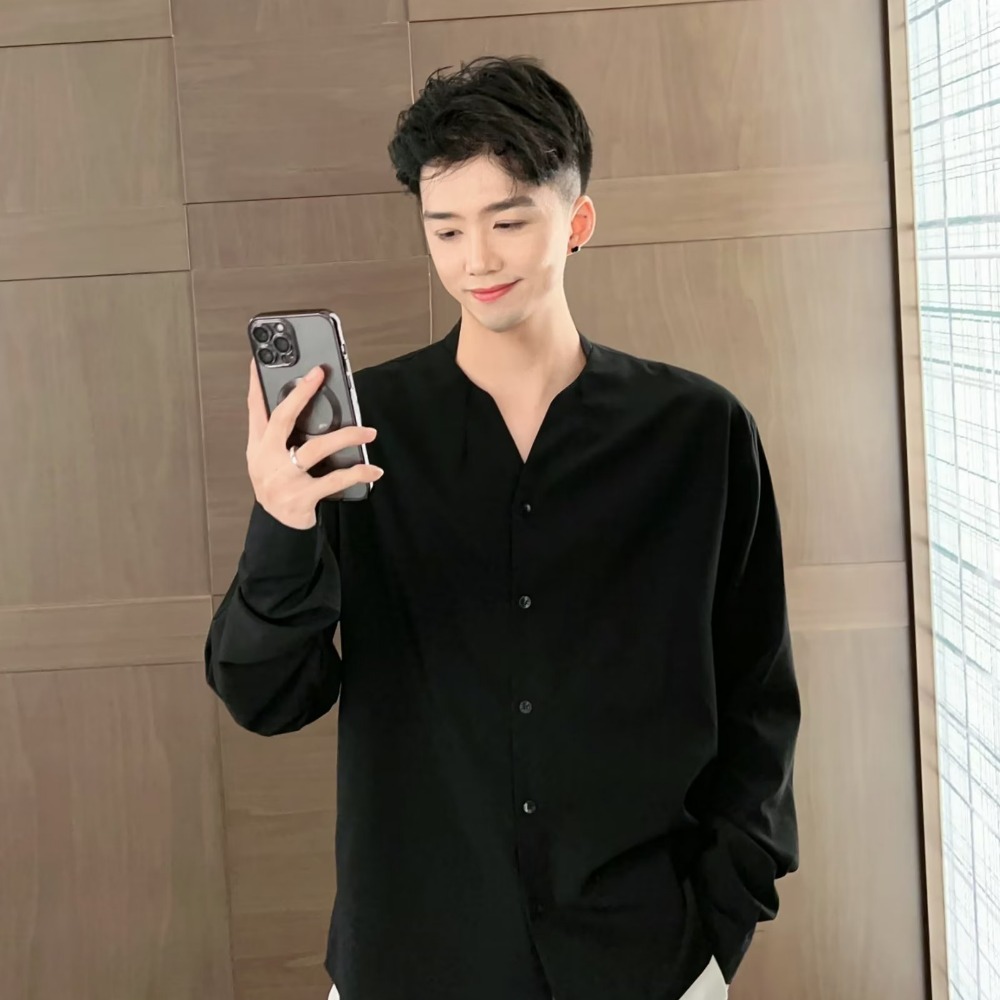 『癮品流行』夏季薄款 韓版無領襯衫男長袖上衣 襯衣 設計感 簡約純色 休閒百搭 大碼寬鬆 M-3XL-細節圖5