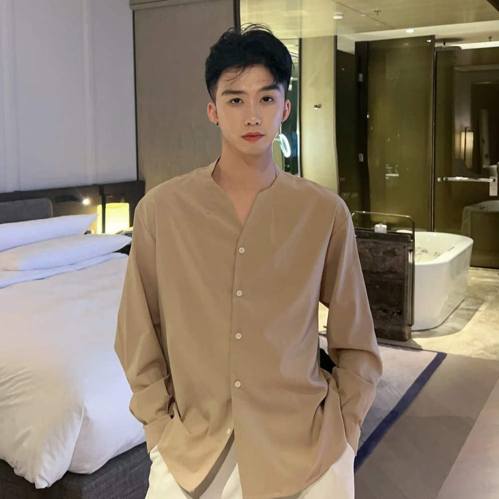 『癮品流行』夏季薄款 韓版無領襯衫男長袖上衣 襯衣 設計感 簡約純色 休閒百搭 大碼寬鬆 M-3XL-細節圖6