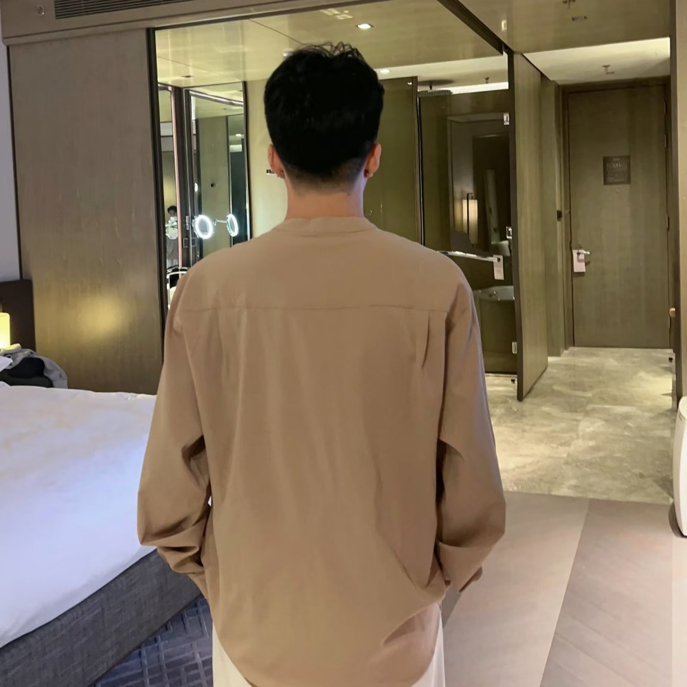 『癮品流行』夏季薄款 韓版無領襯衫男長袖上衣 襯衣 設計感 簡約純色 休閒百搭 大碼寬鬆 M-3XL-細節圖7