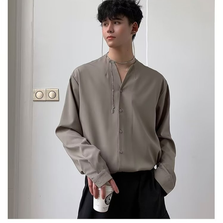 『癮品流行』春夏季無領襯衫 男長袖襯衣上衣 冰絲透氣 設計感痞帥 簡約純色 休閒百搭 寬鬆 M-3XL-細節圖3