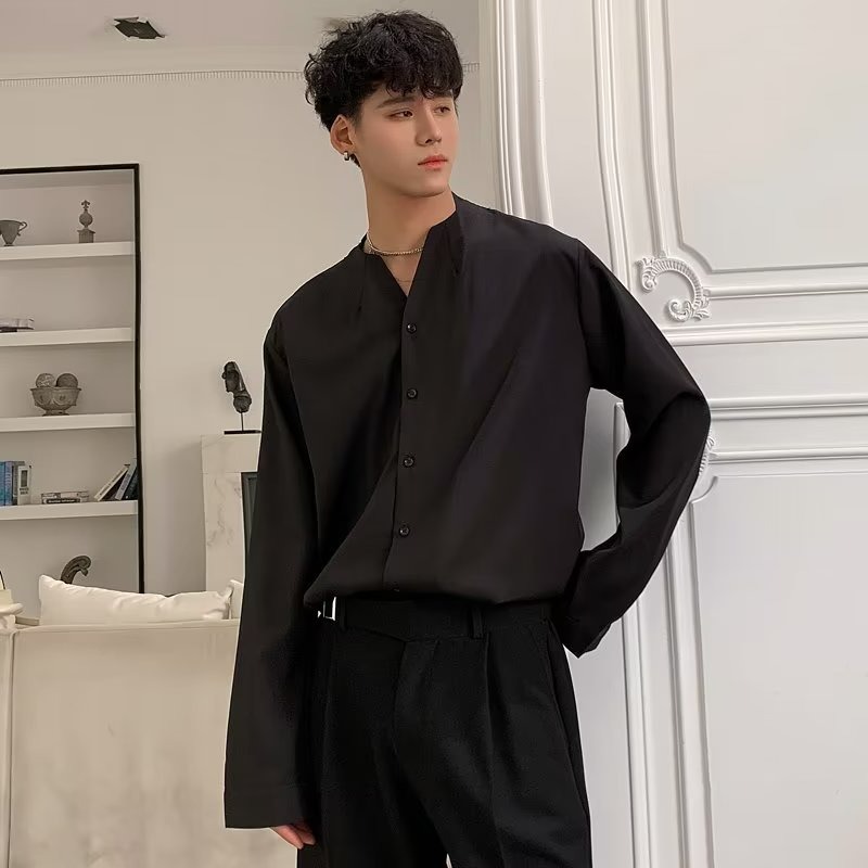 『癮品流行』春夏季無領襯衫 男長袖襯衣上衣 冰絲透氣 設計感痞帥 簡約純色 休閒百搭 寬鬆 M-3XL-細節圖5