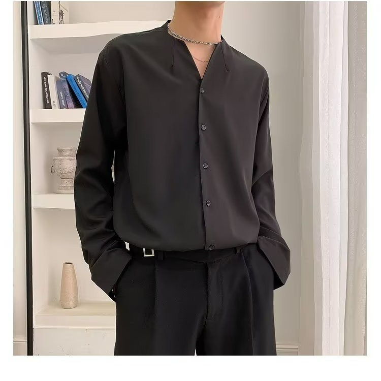 『癮品流行』春夏季無領襯衫 男長袖襯衣上衣 冰絲透氣 設計感痞帥 簡約純色 休閒百搭 寬鬆 M-3XL-細節圖6