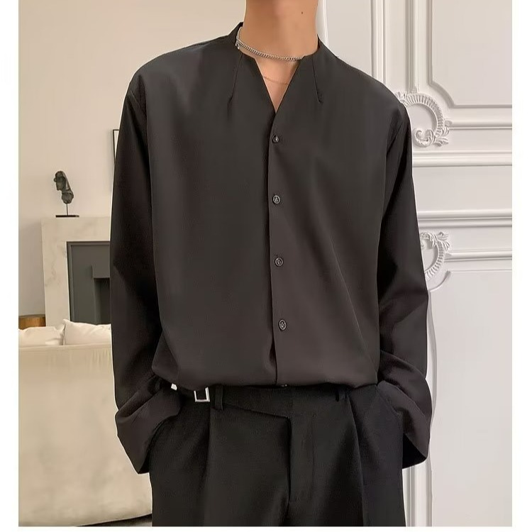 『癮品流行』春夏季無領襯衫 男長袖襯衣上衣 冰絲透氣 設計感痞帥 簡約純色 休閒百搭 寬鬆 M-3XL-細節圖7