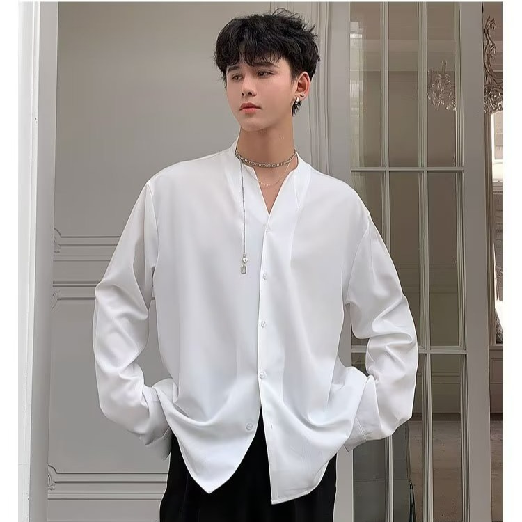 『癮品流行』春夏季無領襯衫 男長袖襯衣上衣 冰絲透氣 設計感痞帥 簡約純色 休閒百搭 寬鬆 M-3XL-細節圖8