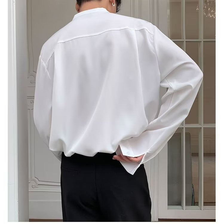 『癮品流行』春夏季無領襯衫 男長袖襯衣上衣 冰絲透氣 設計感痞帥 簡約純色 休閒百搭 寬鬆 M-3XL-細節圖10