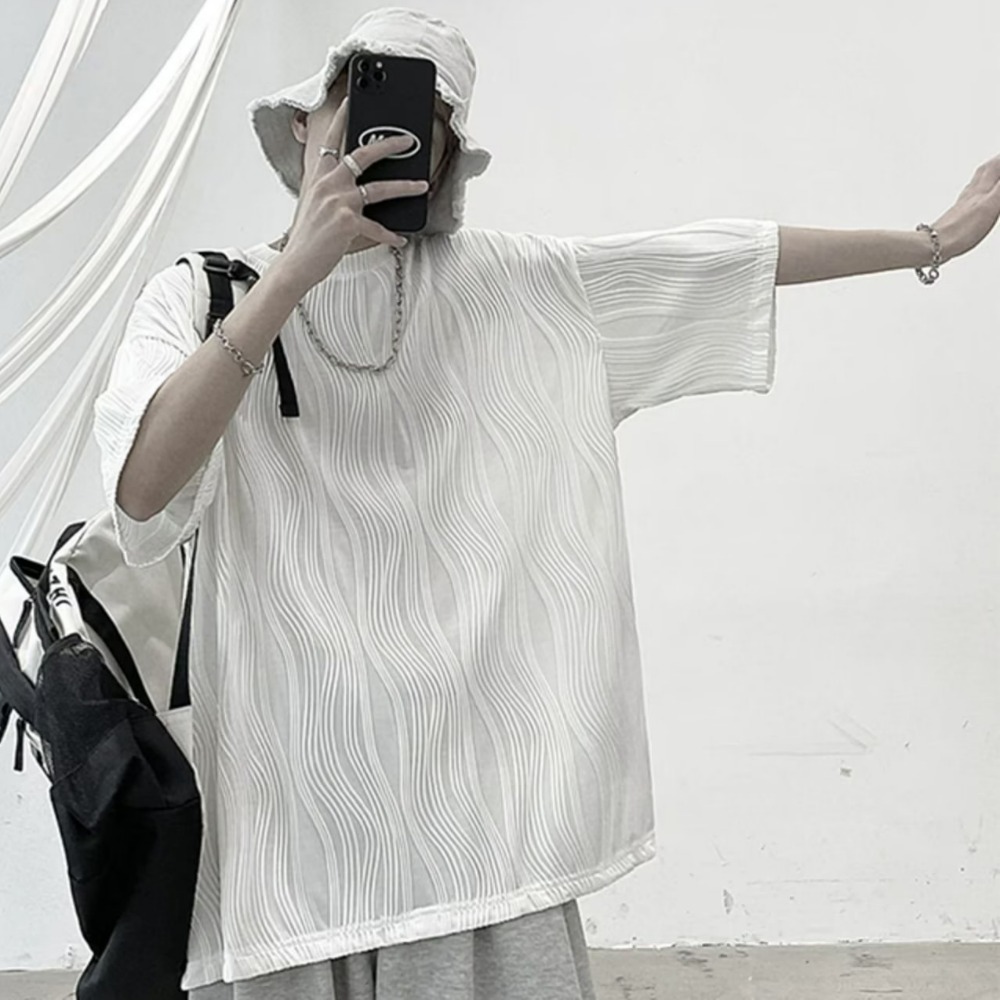 『癮品流行』韓式夏季條紋短袖 冰絲透氣 五分袖 男生圓領上衣 休閒百搭 寬鬆簡約 M-3XL-細節圖3