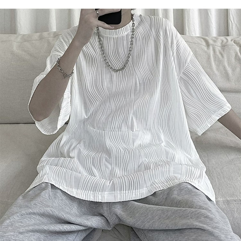 『癮品流行』韓式夏季條紋短袖 冰絲透氣 五分袖 男生圓領上衣 休閒百搭 寬鬆簡約 M-3XL-細節圖4