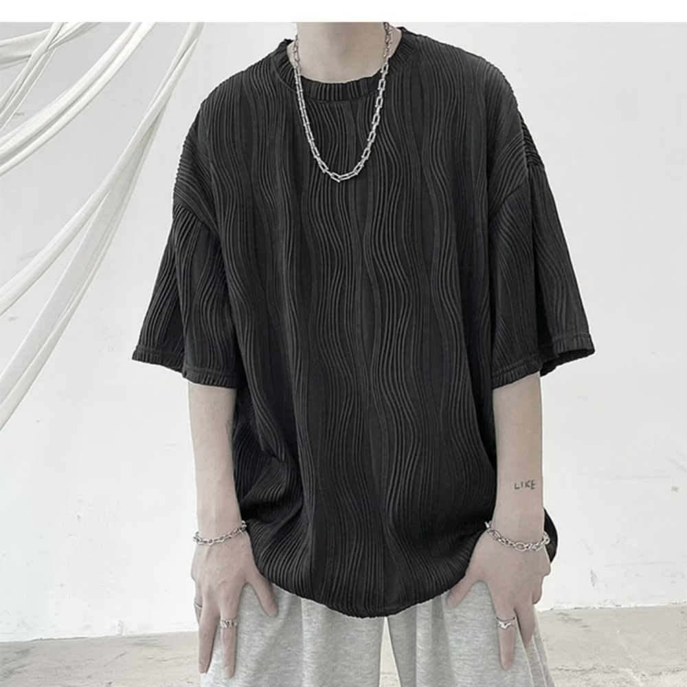 『癮品流行』韓式夏季條紋短袖 冰絲透氣 五分袖 男生圓領上衣 休閒百搭 寬鬆簡約 M-3XL-細節圖5