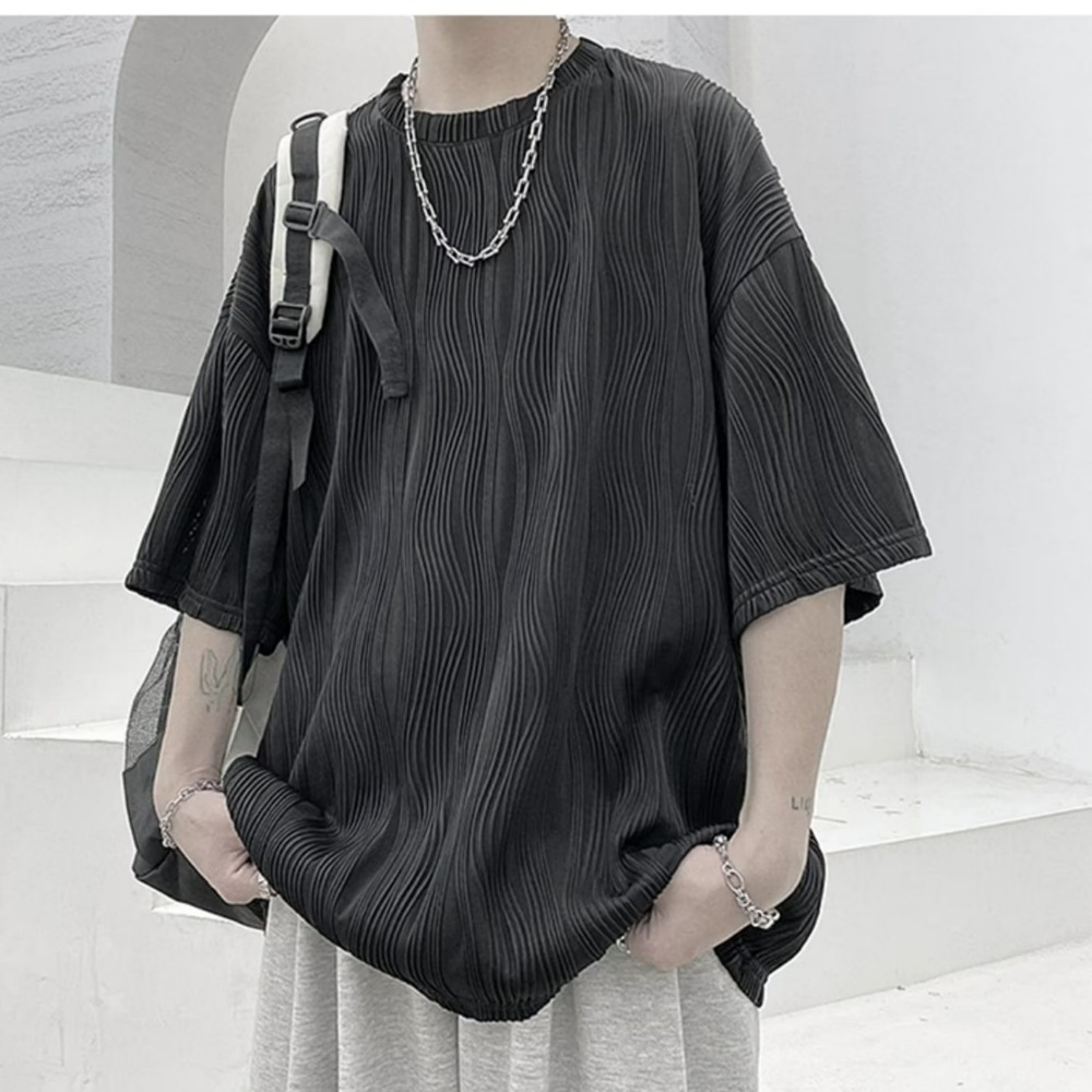 『癮品流行』韓式夏季條紋短袖 冰絲透氣 五分袖 男生圓領上衣 休閒百搭 寬鬆簡約 M-3XL-細節圖6