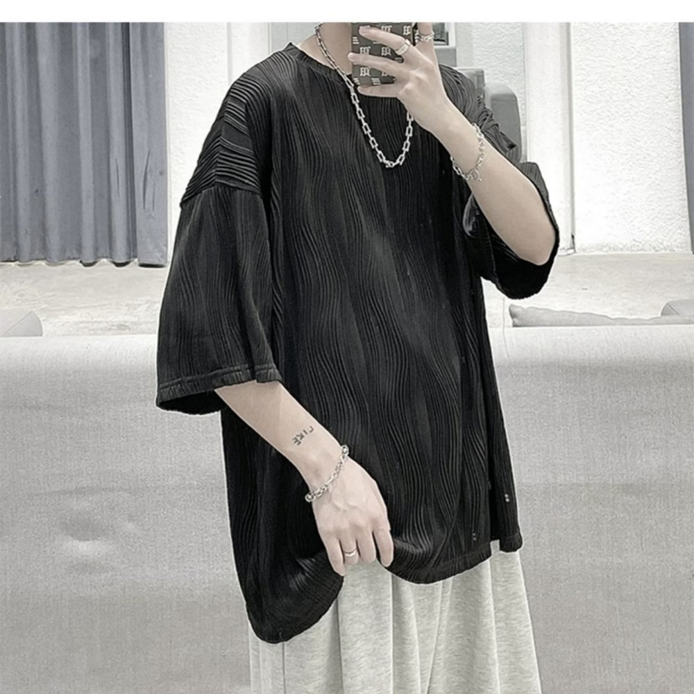 『癮品流行』韓式夏季條紋短袖 冰絲透氣 五分袖 男生圓領上衣 休閒百搭 寬鬆簡約 M-3XL-細節圖7