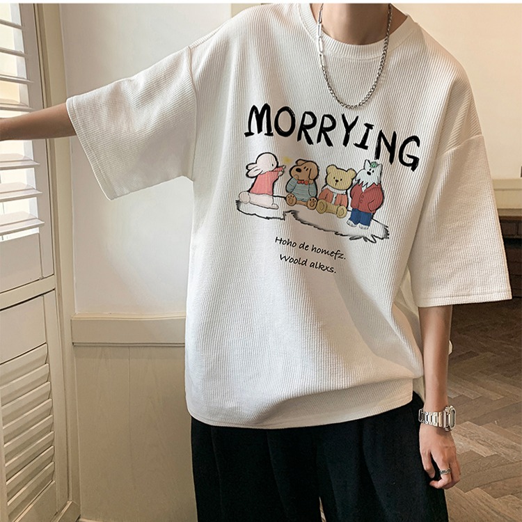 『癮品流行』夏季短袖 韓式華夫格字母印花T恤 男生T恤 五分袖 圓領上衣 大碼寬鬆 休閒百搭 M-5XL-細節圖3