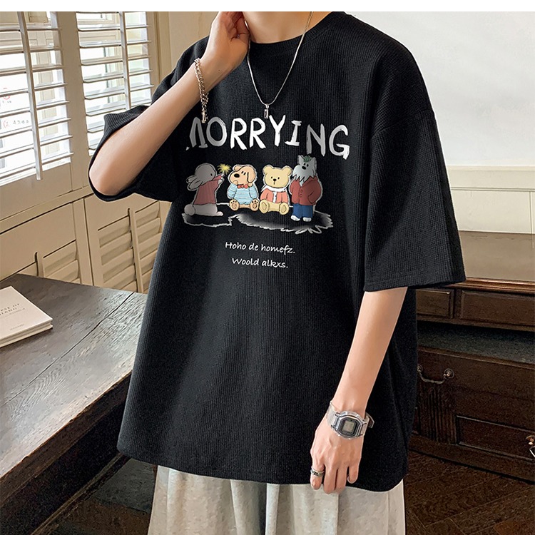 『癮品流行』夏季短袖 韓式華夫格字母印花T恤 男生T恤 五分袖 圓領上衣 大碼寬鬆 休閒百搭 M-5XL-細節圖5