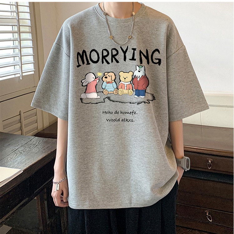 『癮品流行』夏季短袖 韓式華夫格字母印花T恤 男生T恤 五分袖 圓領上衣 大碼寬鬆 休閒百搭 M-5XL-細節圖7