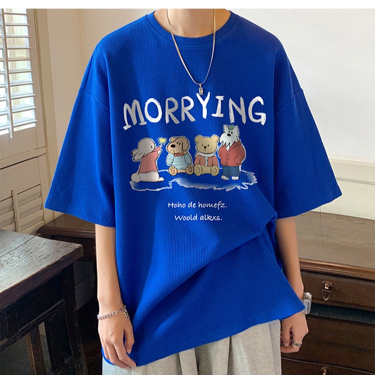 『癮品流行』夏季短袖 韓式華夫格字母印花T恤 男生T恤 五分袖 圓領上衣 大碼寬鬆 休閒百搭 M-5XL-細節圖8