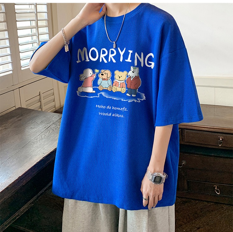 『癮品流行』夏季短袖 韓式華夫格字母印花T恤 男生T恤 五分袖 圓領上衣 大碼寬鬆 休閒百搭 M-5XL-細節圖9