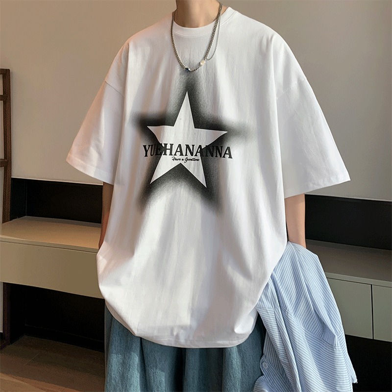 『癮品流行』美式純棉星星印花T恤 五分袖 圓領上衣 oversize 休閒百搭 大碼寬鬆 M-5XL-細節圖3