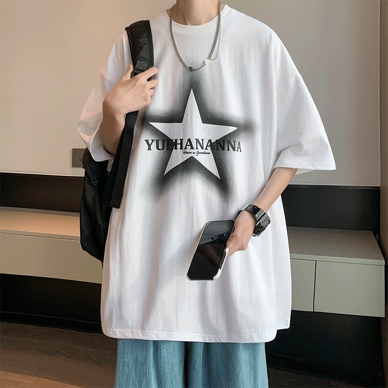 『癮品流行』美式純棉星星印花T恤 五分袖 圓領上衣 oversize 休閒百搭 大碼寬鬆 M-5XL-細節圖4