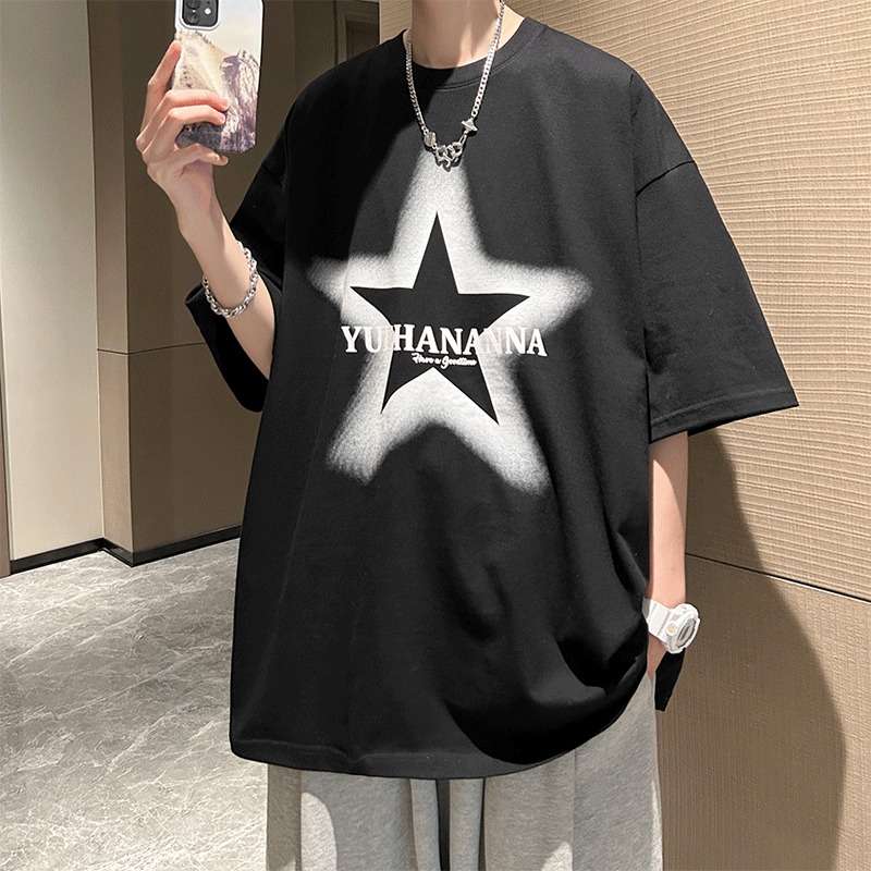 『癮品流行』美式純棉星星印花T恤 五分袖 圓領上衣 oversize 休閒百搭 大碼寬鬆 M-5XL-細節圖5