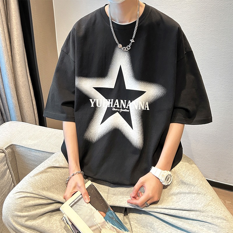 『癮品流行』美式純棉星星印花T恤 五分袖 圓領上衣 oversize 休閒百搭 大碼寬鬆 M-5XL-細節圖7