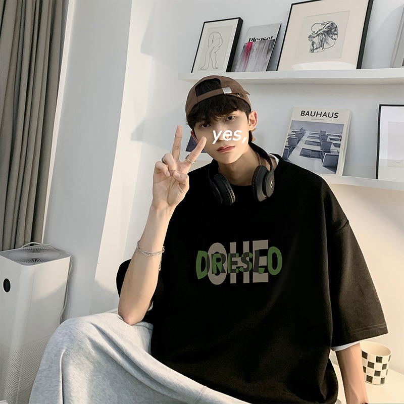 『癮品流行』美式字母印花純棉短袖T恤 圓領上衣 五分袖 男生T恤 大碼寬鬆 休閒百搭 M-5XL-細節圖5