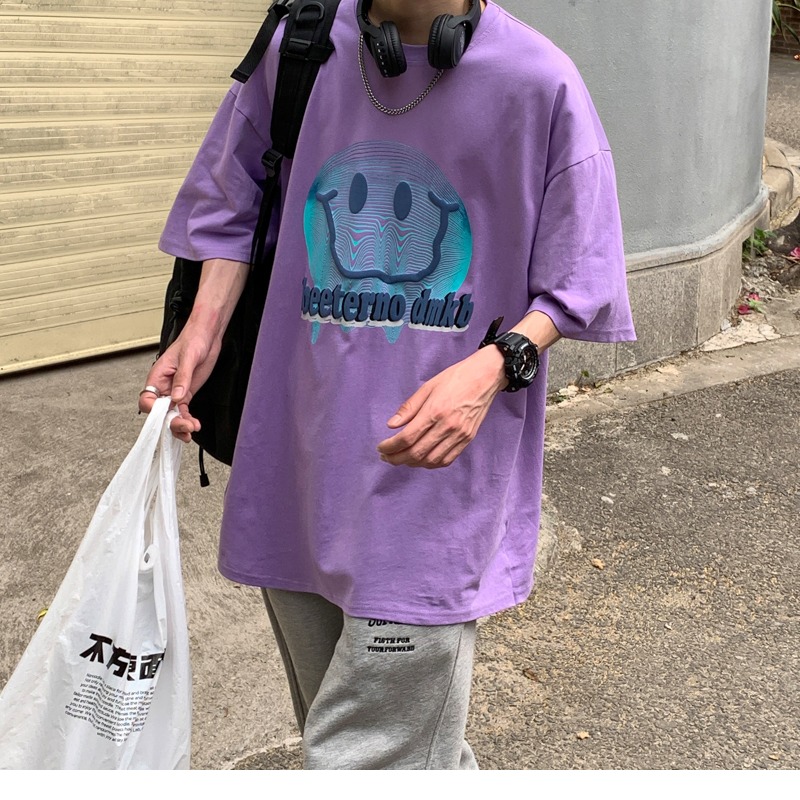 『癮品流行』美式純棉笑臉印花短袖T恤 男生T恤 五分袖 oversize 休閒百搭 大碼寬鬆 M-5XL-細節圖3