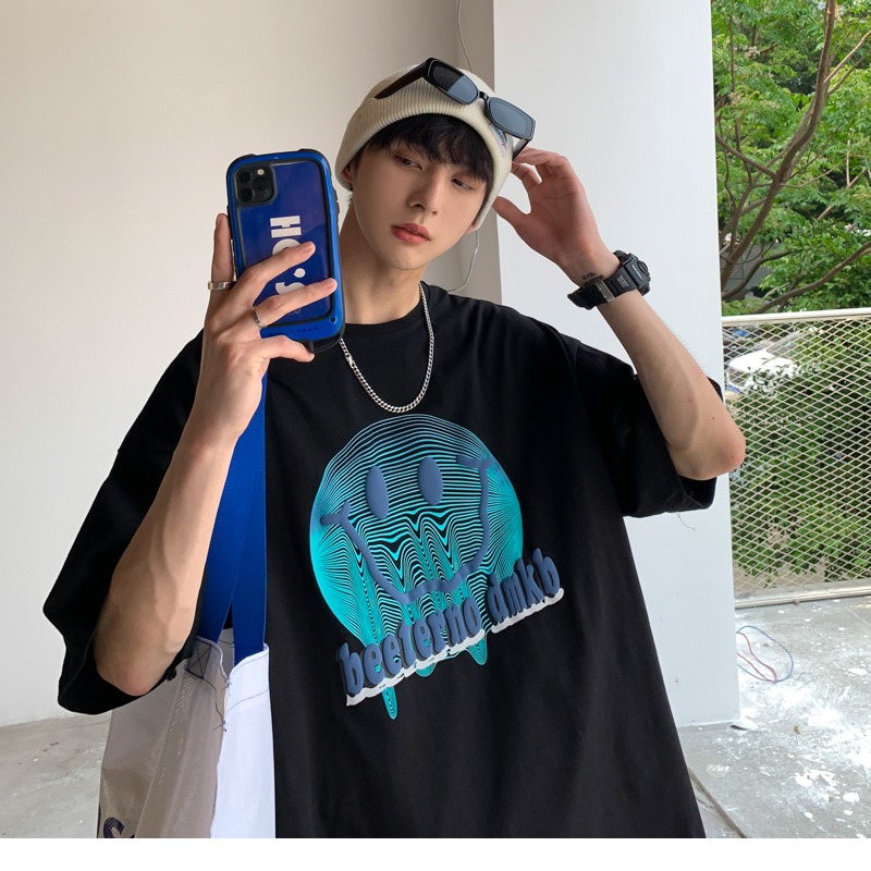 『癮品流行』美式純棉笑臉印花短袖T恤 男生T恤 五分袖 oversize 休閒百搭 大碼寬鬆 M-5XL-細節圖4