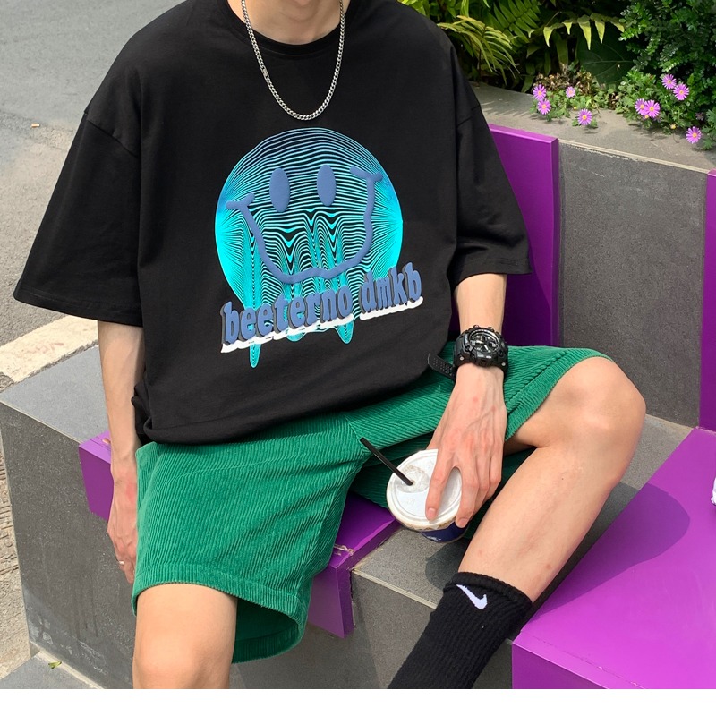 『癮品流行』美式純棉笑臉印花短袖T恤 男生T恤 五分袖 oversize 休閒百搭 大碼寬鬆 M-5XL-細節圖5