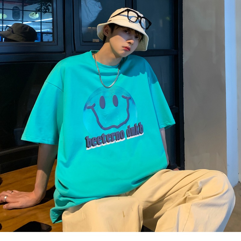 『癮品流行』美式純棉笑臉印花短袖T恤 男生T恤 五分袖 oversize 休閒百搭 大碼寬鬆 M-5XL-細節圖6