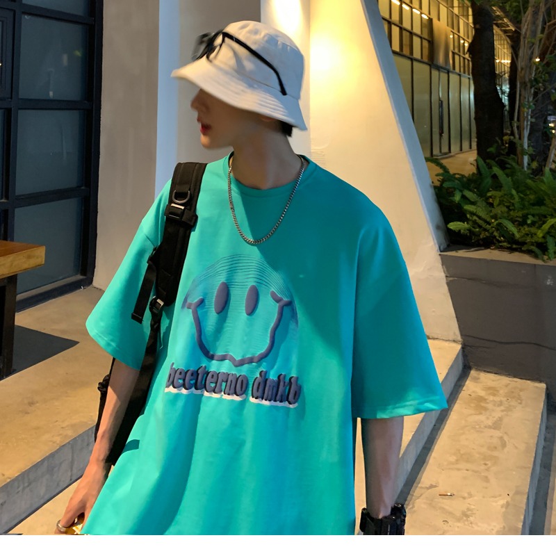 『癮品流行』美式純棉笑臉印花短袖T恤 男生T恤 五分袖 oversize 休閒百搭 大碼寬鬆 M-5XL-細節圖7