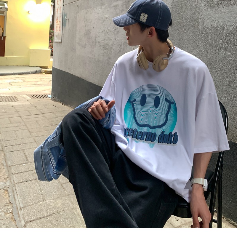 『癮品流行』美式純棉笑臉印花短袖T恤 男生T恤 五分袖 oversize 休閒百搭 大碼寬鬆 M-5XL-細節圖8